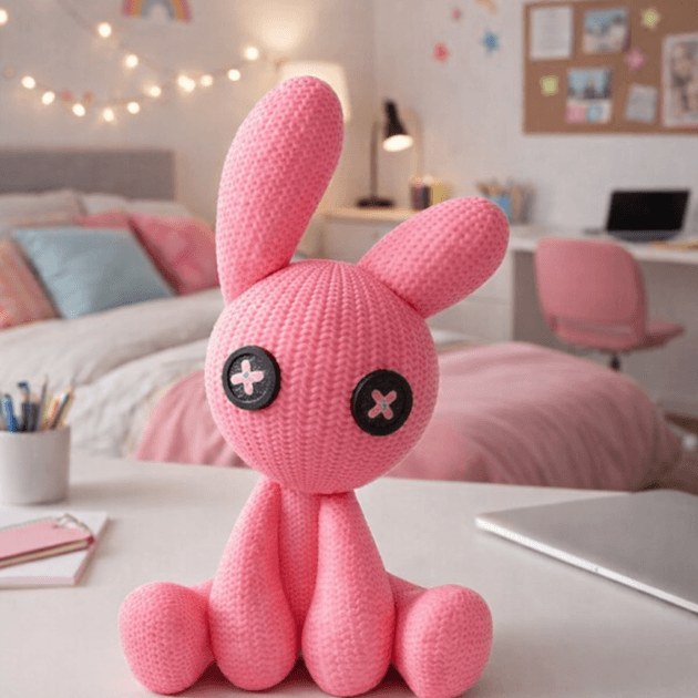 Conejito rosa tejido con ojos de botón